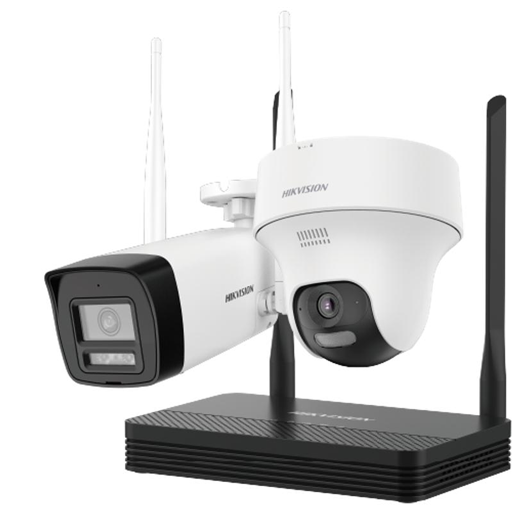 Kit NVS 4 Canales + 2 Cámaras Bullet IP 2MP y PT interior IP 2MP Wi-Fi NKS422W02H Hikvision