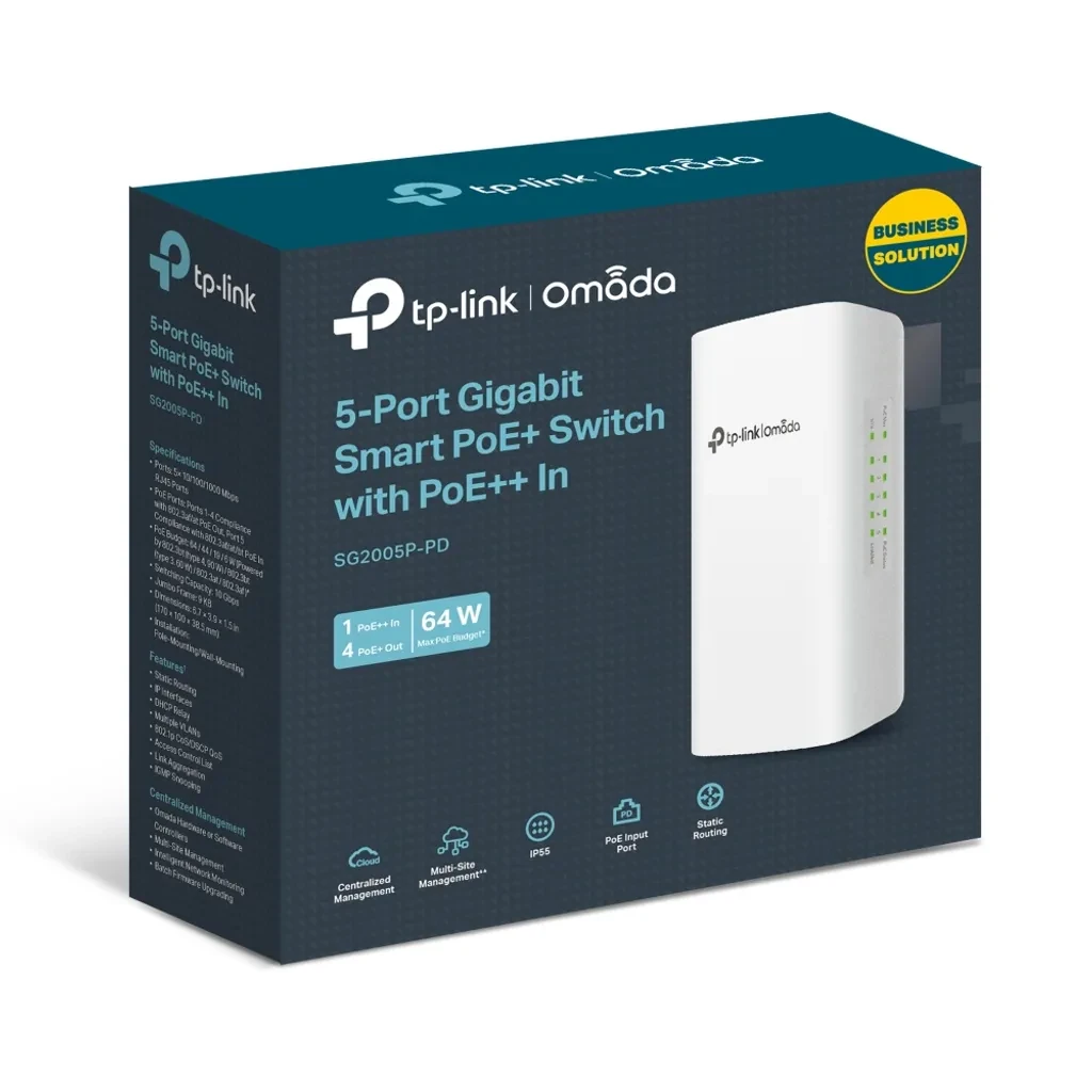 SG2005P-PD. SWitch Omada de exterior 5 puertos Giga ethernet 1 PoE++in 4 PoE+ Out Distancioa PoE de hasta 200m protección IP55